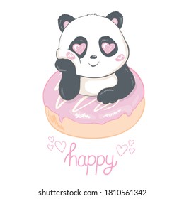 Cute panda and donut flat vector illustration. Asian rainforest bear with tasty pastry isolated design element. Jungle wildlife, zoo animal. Sweet bakery shop, store design element