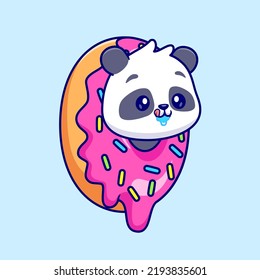 Cute Panda In Donut Strawberry Cartoon Vector Icon Illustration. Animal Food Icon Concept Isolated Premium Vector. Flat Cartoon Style