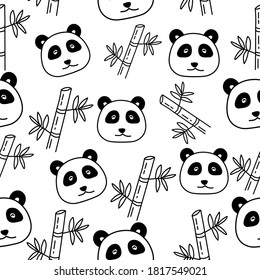 Cute panda doodle vector seamless pattern with black and white color suitable for background or fabric 