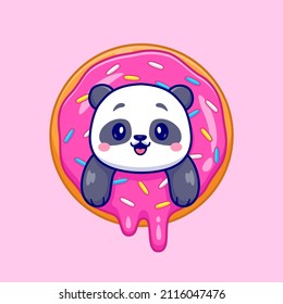 Cute Panda In Doughnut Cartoon Vector Icon Illustration. Animal Food Icon Concept Isolated Premium Vector. Flat Cartoon Style