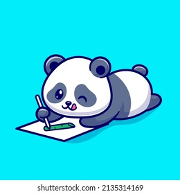 Cute Panda Drawing Bamboo On Paper Cartoon Vector Icon Illustration. Animal Education Icon Concept Isolated Premium Vector. Flat Cartoon Style