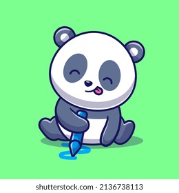 Dibujo Cute Panda Con Ilustración Del Icono Del Vector De Caricatura De Crayon. Concepto de icono de la naturaleza animal Vector Premium aislado. Estilo de dibujo plano