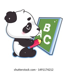 Cute panda drawing on school board with pencil kawaii cartoon vector character. Adorable and funny animal studying alphabet isolated sticker, patch. Anime baby panda bear emoji on white background