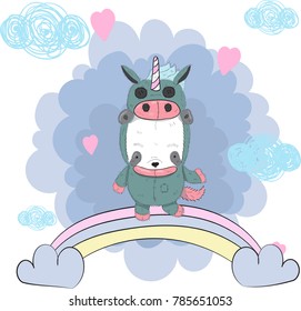 cute Panda dressed as a unicorn on a rainbow