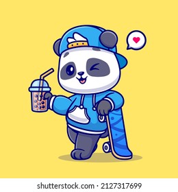 Cute Panda Drink Boba Milk Tea With Skateboard Cartoon Vector Icon Illustration. Animal Drink Icon Concept Isolated Premium Vector. Flat Cartoon Style