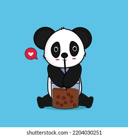 Cute Panda Drink Boba Milk Tea Cartoon Vector Icon Illustration. Animal Drink Icon Concept Isolated Premium Vector. Flat Cartoon Style