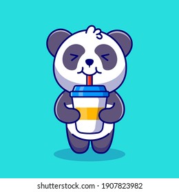 Cute Panda Drink Coffee Cartoon Vector Icon Illustration. Animal Drink Icon Concept Isolated Premium Vector. Flat Cartoon Style