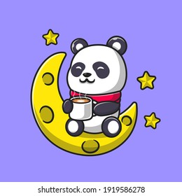 Cute Panda Drink Coffee On Moon Cartoon Vector Icon Illustration. Animal Drink Icon Concept Isolated Premium Vector. Flat Cartoon Style