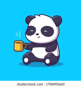 Cute Panda Drink Coffee Vector Icon Illustration. Panda And Cup Of Coffee, Animal Icon Concept White Isolated. Flat Cartoon Style Suitable for Web Landing Page, Banner, Sticker, Background