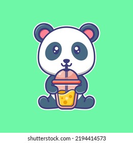 Cute panda drink ice juice cartoon. Cute animal illustration. Happy panda cartoon. For sticker, crafting, poster, mascot, icon, logo, printing, packaging.