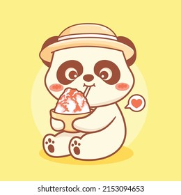 Cute panda drink shaved ice with syrup at summer cartoon illustration