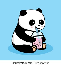 Vektor Stok Cute Panda Drinking Boba Cartoon (Tanpa Royalti) 1892207962