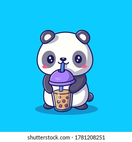 Cute Panda Drinking Boba milk Tea Cartoon Vector Icon Illustration. Animal Drink Icon Concept Isolated Premium Vector. Flat Cartoon Style