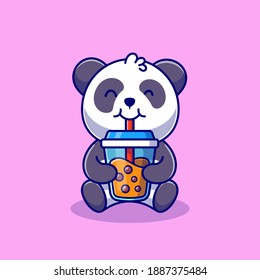 Cute Panda Drinking Boba Milk Tea Cartoon Vector Icon Illustration Animal Food Icon Concept Isolated Premium Vector. Flat Cartoon Style