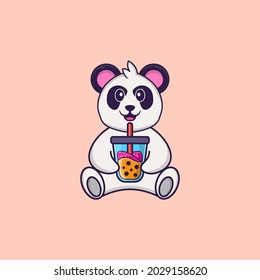 Cute Panda Drinking Boba milk tea. Animal cartoon concept isolated. Can used for t-shirt, greeting card, invitation card or mascot.