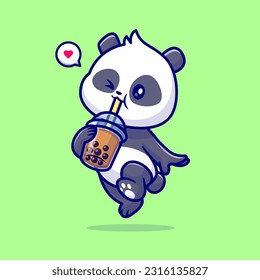 Cute Panda Drinking Boba Milk Tea Cartoon Vector Icon Illustration. Animal Drink Icon Concept Isolated Premium Vector. Flat Cartoon Style