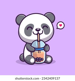 Cute Panda Drinking Boba Milk Tea Cartoon Vector Icon Illustration. Animal Drink Icon Concept Isolated Premium Vector. Flat Cartoon Style