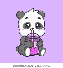 Cute Panda Drinking Boba Milk Tea Cartoon Vector Icon Illustration. Animal Drink Icon Concept Isolated Premium Vector. Flat Cartoon Style