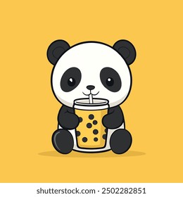 Cute Panda Drinking Boba Milk Tea Cartoon Icon Illustration