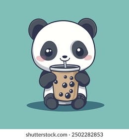 Cute Panda Drinking Boba Milk Tea Cartoon Icon Illustration