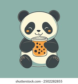 Cute Panda Drinking Boba Milk Tea Cartoon Icon Illustration