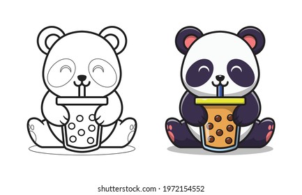 Cute panda drinking bubble tea cartoon coloring pages for kids