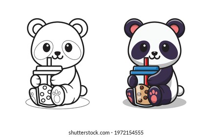 Cute panda drinking bubble tea cartoon coloring pages for kids