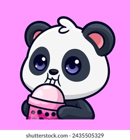 cute panda drinking bubble tea emotes sticker cartoon vector illustration