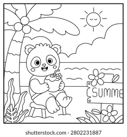 cute panda drinking coconut on the beach.summer vacation coloring page