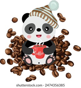 Cute panda drinking cup of coffee with coffee beans
