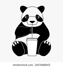 Cute panda drinking from cup illustration, cartoon animal graphic for kids designs, t-shirt print, playful zoo character clipart, eco-friendly beverage mascot, fun nursery decor

