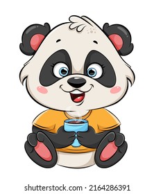 Cute Panda drinking hot coffee. Cheerful cartoon character Panda. 