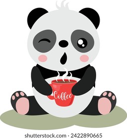 Cute panda drinking a hot coffee