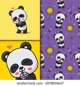 Cute panda drinking ice bubble. Seamless pattern and card.