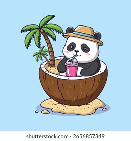 Lindo panda bebiendo jugo y relajándose en un coco en la playa. Ilustración vectorial