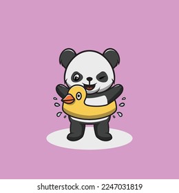 Cute panda with duck float cartoon illustration