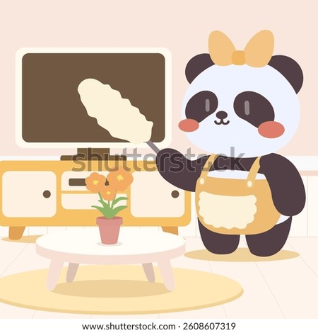 Cute Panda Dusting the Living Room. Adorable Cartoon Panda Housekeeping. Kawaii Panda Cleaning with a Feather Duster.