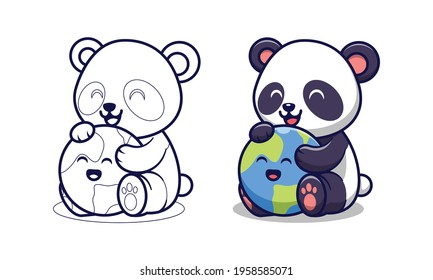 Cute panda with earth cartoon coloring pages for kids