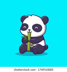 Cute Panda Eat Bamboo Cartoon Vector Icon Illustration. Animal Icon Concept Isolated Premium Vector. Flat Cartoon Style 