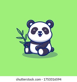 Cute Panda Eat Bamboo Cartoon Vector Icon Illustration. Animal Icon Concept Isolated Premium Vector. Flat Cartoon Style 