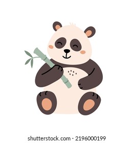 Cute panda eat bamboo leaf. Flat cartoon style. Asian rainforest adorable bear isolated design element. Jungle wildlife, zoo lazy animal. Wild mammal cartoon character smiling