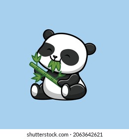 Cute Panda Eat Bamboo Vector Icon Illustration. Panda Mascot Cartoon Character. Animal Icon Concept White Isolated. Flat Cartoon Style Suitable for Web Landing Page, Banner, Flyer, Sticker, Card