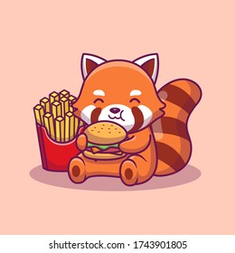 Cute Panda Eat Burger And French Fried Vector Icon Illustration. Animal Food Icon Concept Isolated Premium Vector. Flat Cartoon Style 