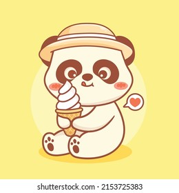 Cute panda eat ice cream cone at summer 