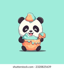 Cute panda eat ice cream cartoon mascot character. vector illustration