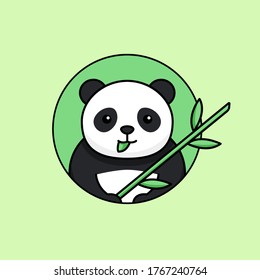 Cute Panda fressen Blatt und halten Bambusstamm einfache Umriss-Vektorgrafik. asiatische Maskottchen Logo Design.