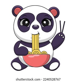 Cute Panda Eat Ramen Noodle Vector Icon Illustration. Panda Mascot Cartoon Character. Animal Icon Concept White Isolated. Flat Cartoon Style Suitable for Web Landing Page, Banner, Flyer, Sticker, Card