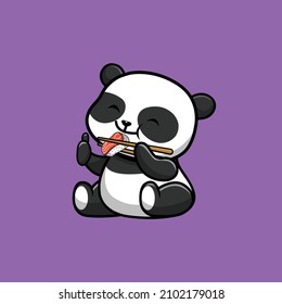 Cute Panda Eat Sushi Cartoon Vector Icon Illustration. Animal Food Icon Concept Isolated Premium Vector. Flat Cartoon Style