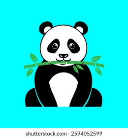 Cute panda eating bamboo illustration flat vector cartoon in blue background