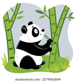 Cute panda .Panda is  eating Bamboo.Art and Illustrator .Green tree and bamboo.Cute panda is sitting .in a Forest .green leaves .Vector design .